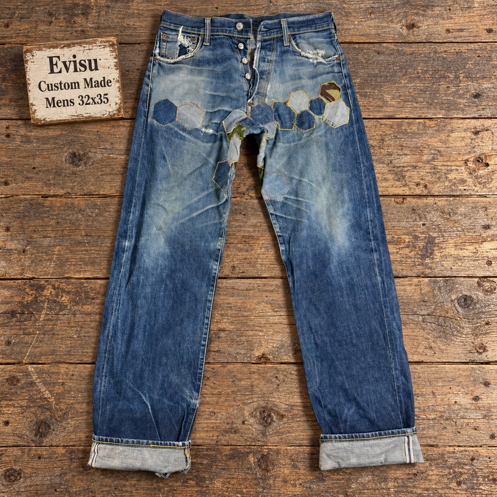 Evisu Custom Made Mens 32x35 Blue Distressed Patchwork Selvedge Jeans Italy